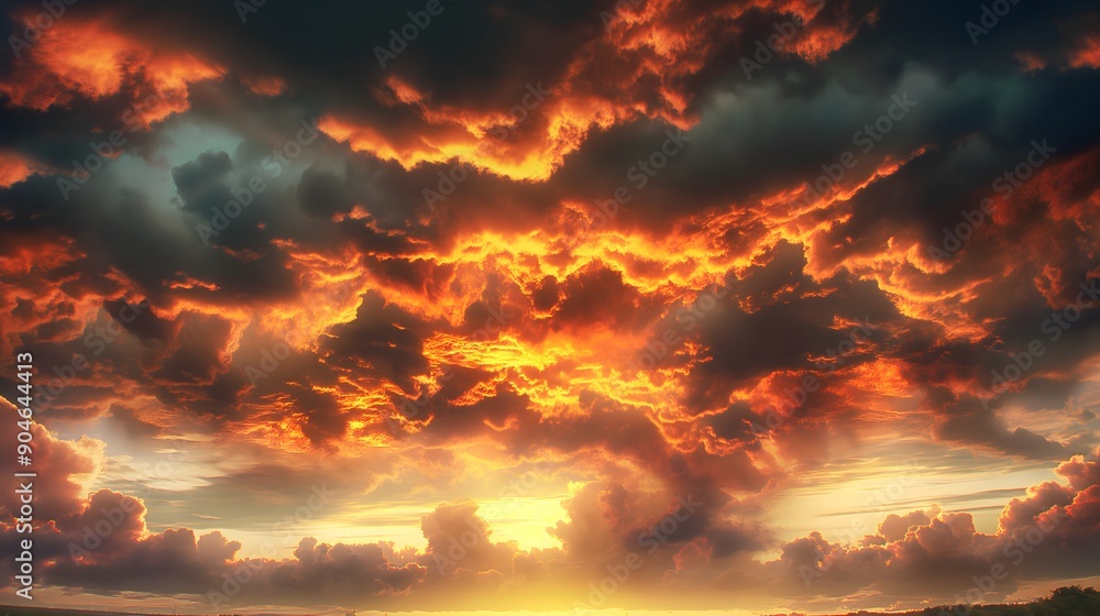 Nature wallpaper featuring a dramatic burning sky with dark clouds, trees, mountains, and red fire sparks Nature wallpaper featuring a dramatic burning sky with dark clouds, trees, mountains, and red fire sparks