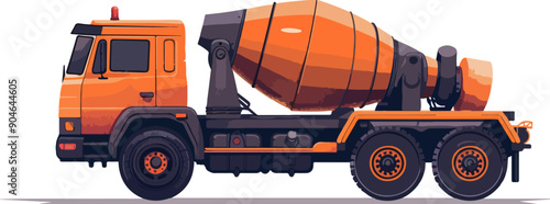 Orange concrete mixer truck delivering building materials