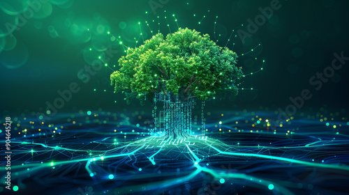 Symbolic tree with digital roots and branches representing knowledge and technology