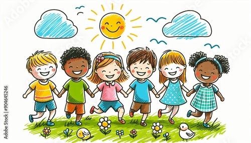 kids different races together drawing childish children diversity multicultural unity friendship