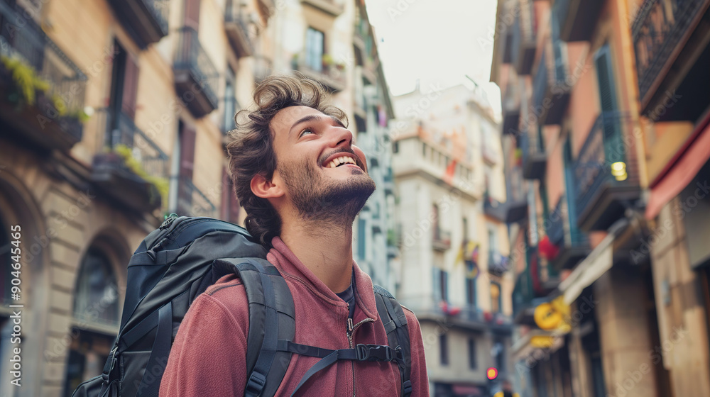 A young happy traveler man with a backpack smiling and looking up in the streets of Barcelona A young happy traveler man with a backpack smiling and looking up in the streets of Barcelona