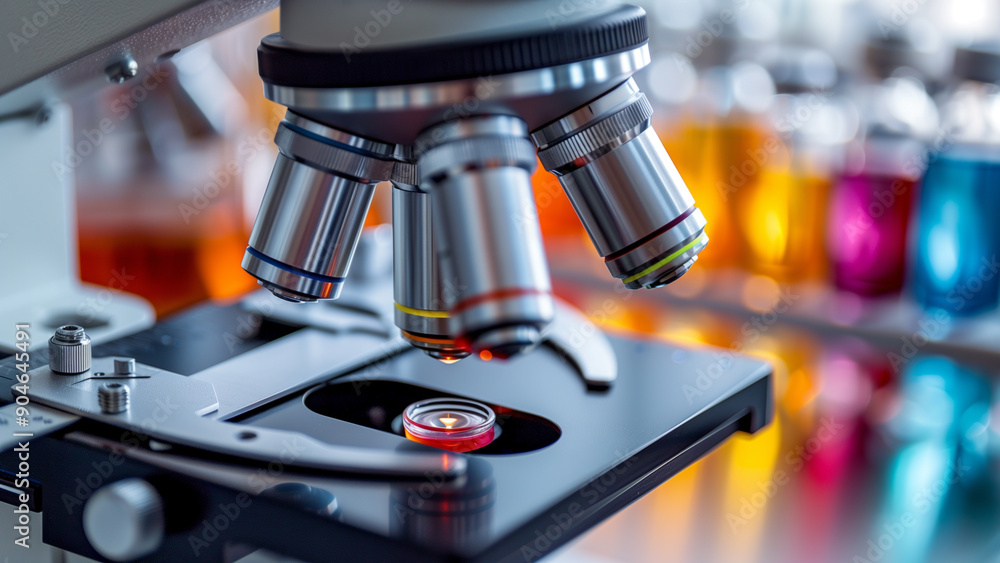 Close-up microscope with several colorful test tubes in modern laboratory