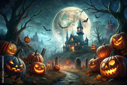 A Halloween scene with a castle and bats flying around