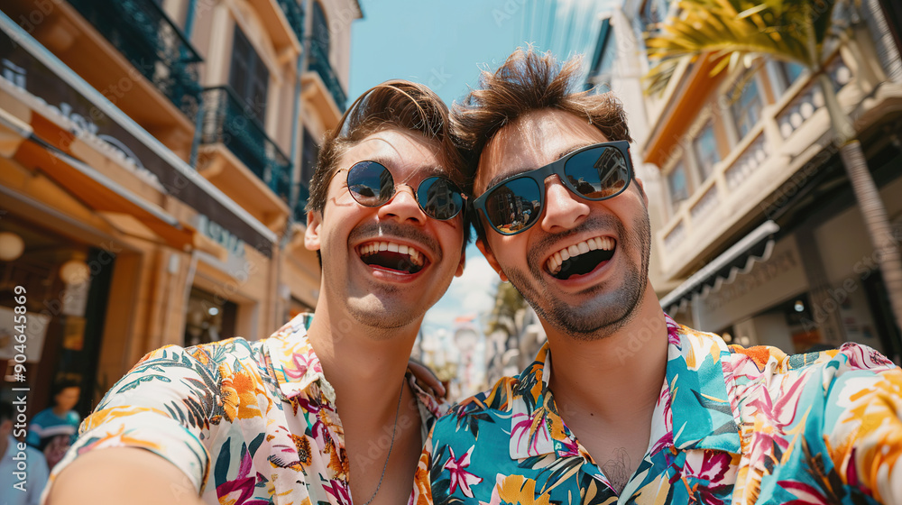 photography of two happy young men taking selfie in the chinese streets photography of two happy young men taking selfie in the chinese streets