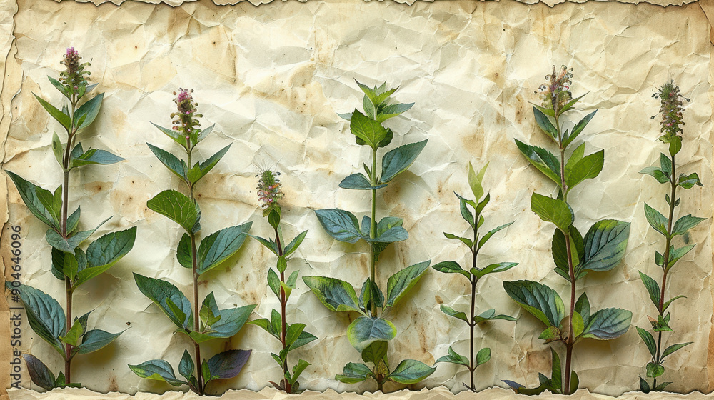 Botanical Illustration of Various Plants and Herbs on Aged Paper Background, Blending Nature and Vintage Aesthetic. Mint background Botanical Illustration of Various Plants and Herbs on Aged Paper Background, Blending Nature and Vintage Aesthetic. Mint background