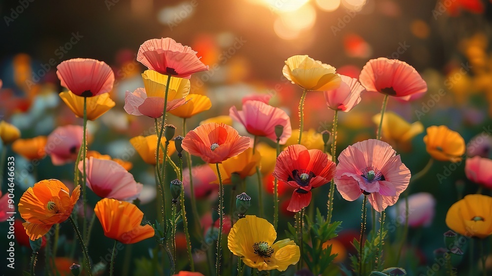 Obraz premium Poppy Sunset Serenade: A vibrant field of poppies bathed in the golden glow of sunset, a symphony of color and tranquility. 