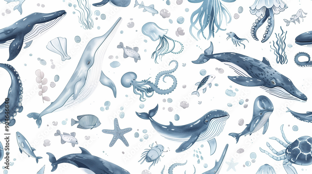 Pattern of various marine life including whales, dolphins, and other sea creatures.. Pattern of various marine life including whales, dolphins, and other sea creatures..