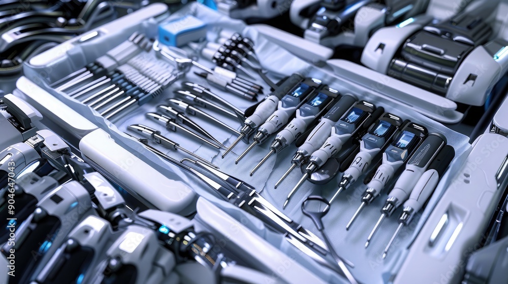 Fototapeta premium An array of robotic instruments neatly organized on a sterile tray, ready for a high-tech surgical operation.