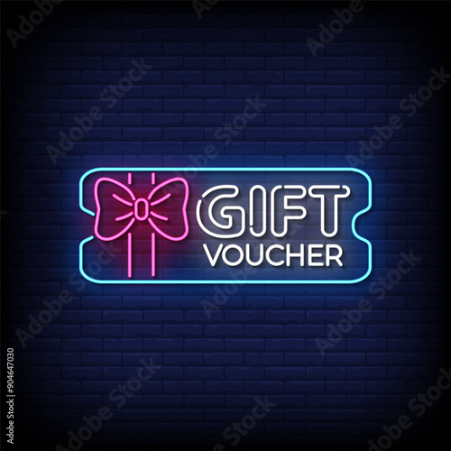 gift voucher neon sign vector with brick wall background