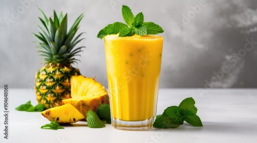 A tropical mango and pineapple smoothie with a slice of pineapple and a garnish of min,generative ai