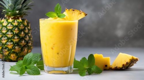A tropical mango and pineapple smoothie with a slice of pineapple and a garnish of min,generative ai