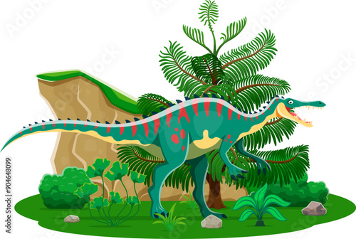 Suchomimus prehistoric dinosaur character with spiked back. Isolated cartoon vector ancient piscivore reptile animal of Early cretaceous era roaming lush landscape with green tree, rock and plants
