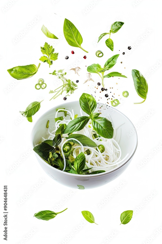 Floating pho bowl with noodles and herbs isolated on white background Floating pho bowl with noodles and herbs isolated on white background