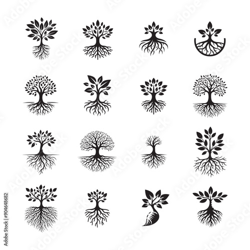 Tree and roots vector icon collection, tree and roots logo design, Tree root silhouette set,  black tree with root vector