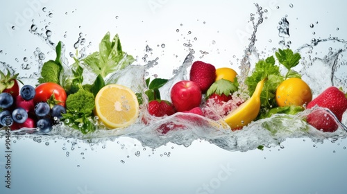 Vibrant fresh fruits and vegetables, like tomatoes, cucumbers, and oranges, splashing into clear water isolated on a white background, generative ai