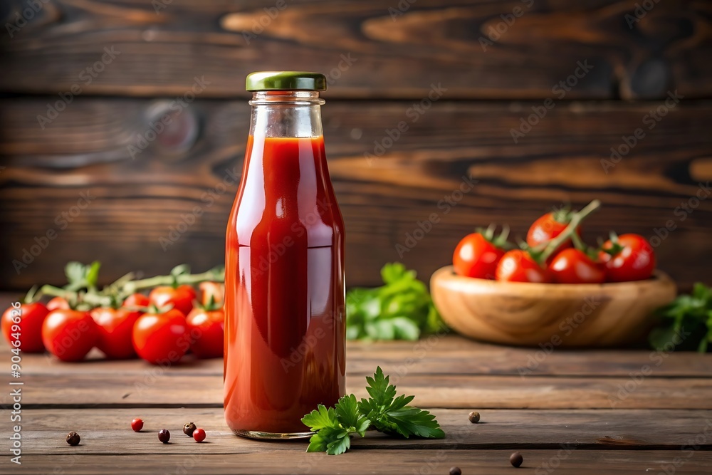 Tomato Sauce Bottle with Cherry Tomatoes on Rustic Wooden Background. Tomato Sauce Bottle with Cherry Tomatoes on Rustic Wooden Background.