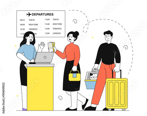 People in airport. Man and woman with suitcase near reception at airport. Travelers and tourists in queue. Flight, travel and trip. Linear vector illustration