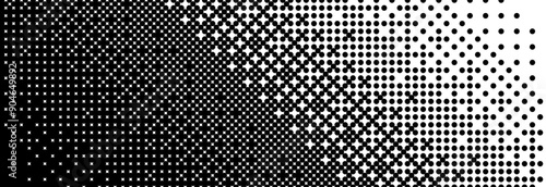 Diagonal bitmap gradient texture. Black and white dither pattern background. Abstract pixelated glitchy corner pattern. 8 bit video game screen wallpaper. Fading pixel backdrop. Vector retro halftone