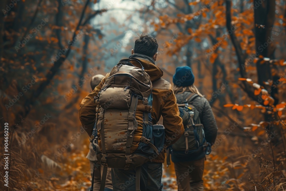 Naklejka premium Hikers in Autumn Forest