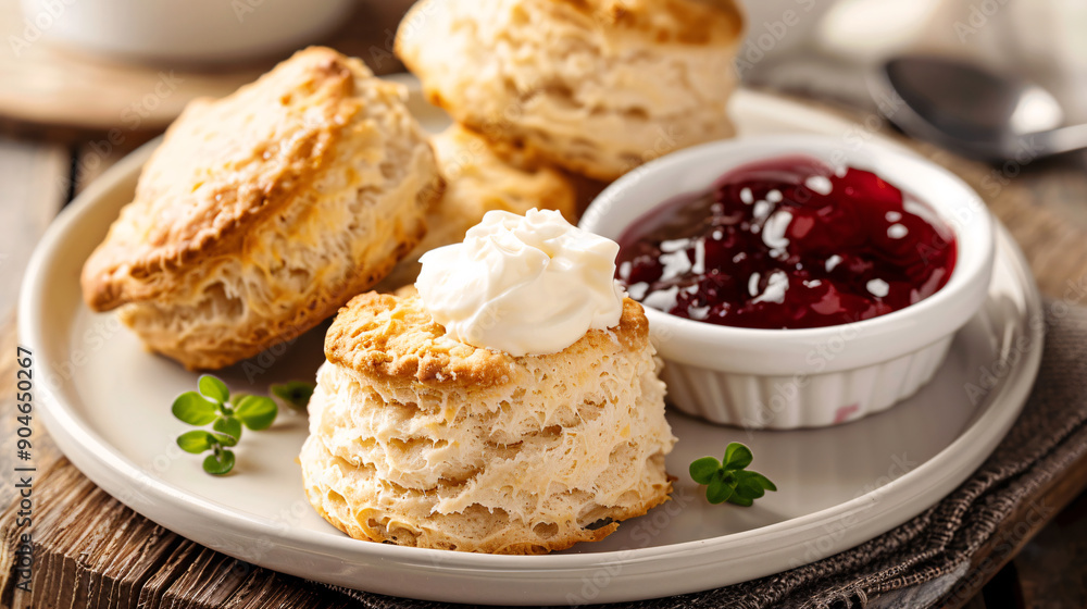 Freshly baked scones with clotted cream and strawberry jam Freshly baked scones with clotted cream and strawberry jam