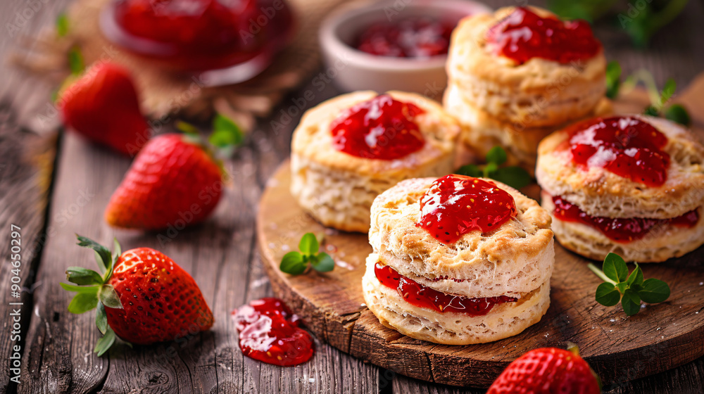 Freshly baked scones with strawberry jam Freshly baked scones with strawberry jam