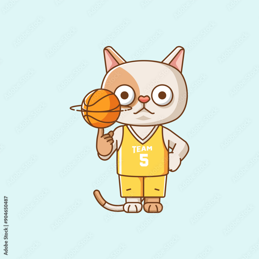 Cute basketball cat player play basket kawaii chibi character mascot illustration outline style design Cute basketball cat player play basket kawaii chibi character mascot illustration outline style design