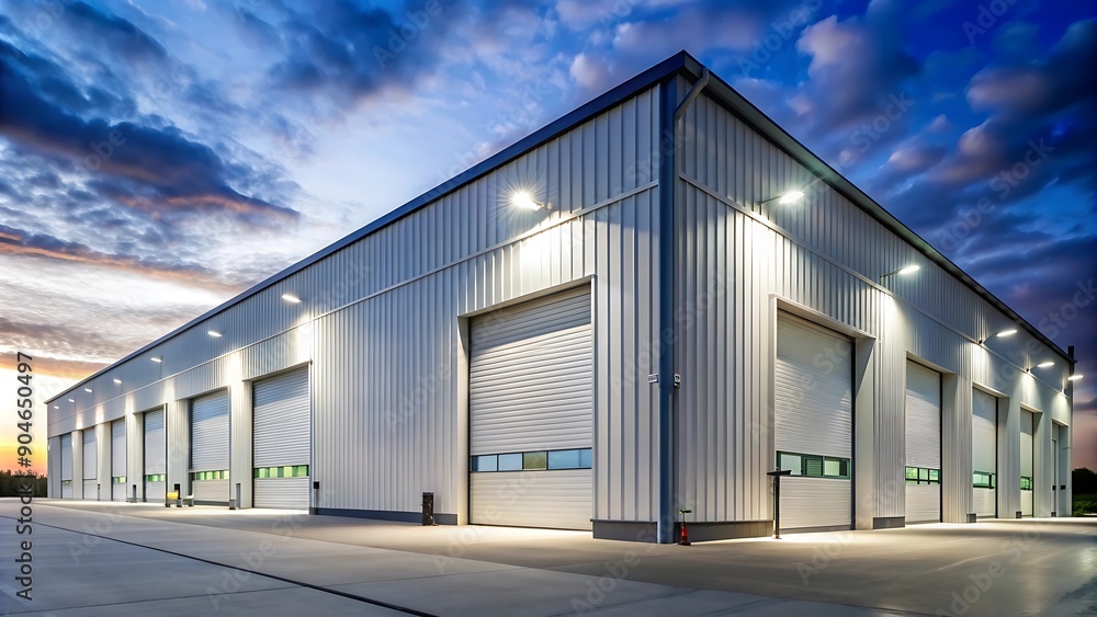 Obraz premium Modern industrial building with large garage doors at sunset.