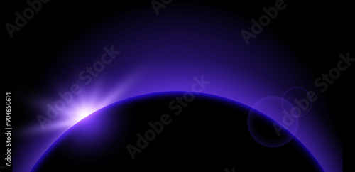Purple planet eclipse concept. Solar light glare effect. Glowing sunrise horizon in dark space. Earth halo with shining edge. Vector illustration design for poster, banner, cover, brochure, booklet