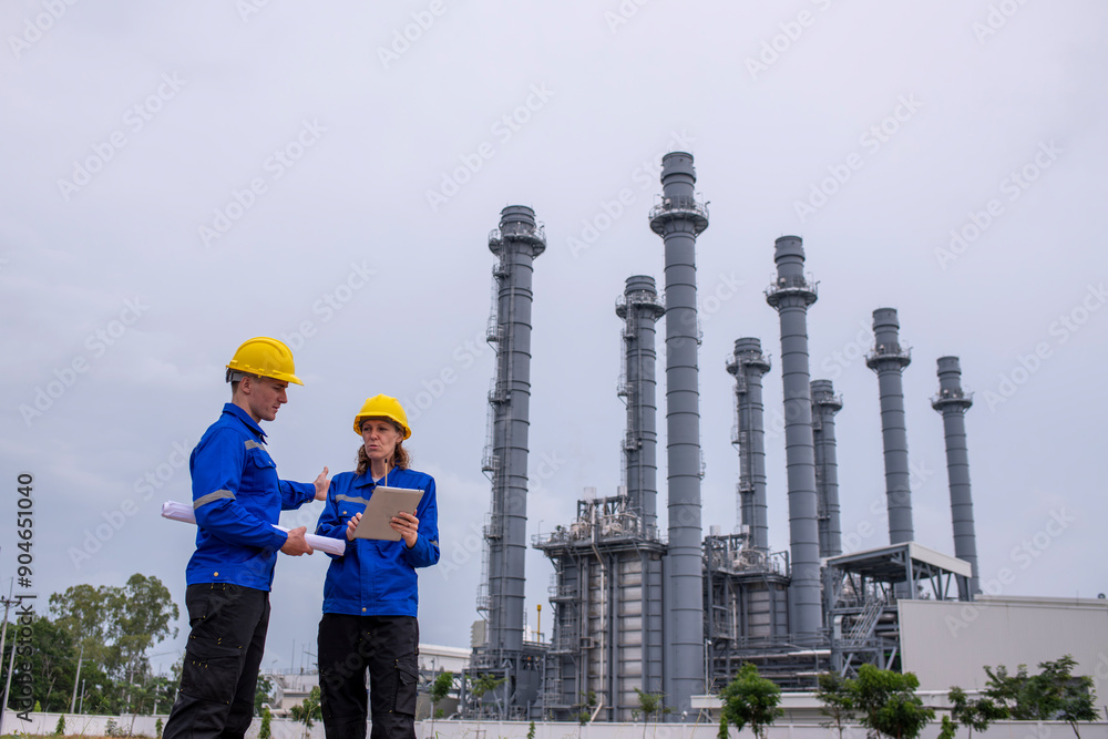 custom made wallpaper toronto digitalEngineers wearing safety gear, including hard hats examining survey a large blueprint tablet standing industrial facility oil refinery engaged in a job that requires high safety standards concept.