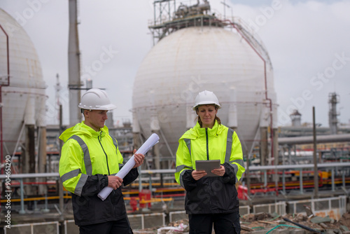 Engineers wearing safety gear, including hard hats examining survey a large blueprint tablet standing industrial facility gas or oil refinery engaged in a job requires high safety standards concept.