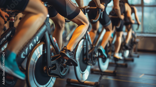 A group of people are riding stationary bikes in a gym