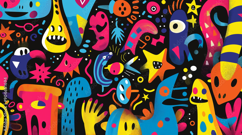 A colorful and abstract painting of various creatures, including a star A colorful and abstract painting of various creatures, including a star