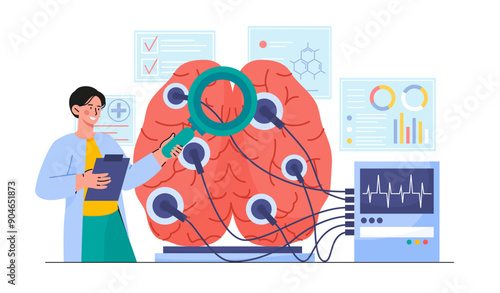 Doctor with brain check. Man in medical uniform evaluates brain with magnifying glass. Neurologist conduct researching. Tomography and electroencephalography. Flat vector illustration