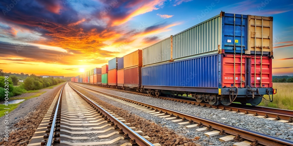 Fototapeta premium Freight Train with Containers Navigating the Railroad