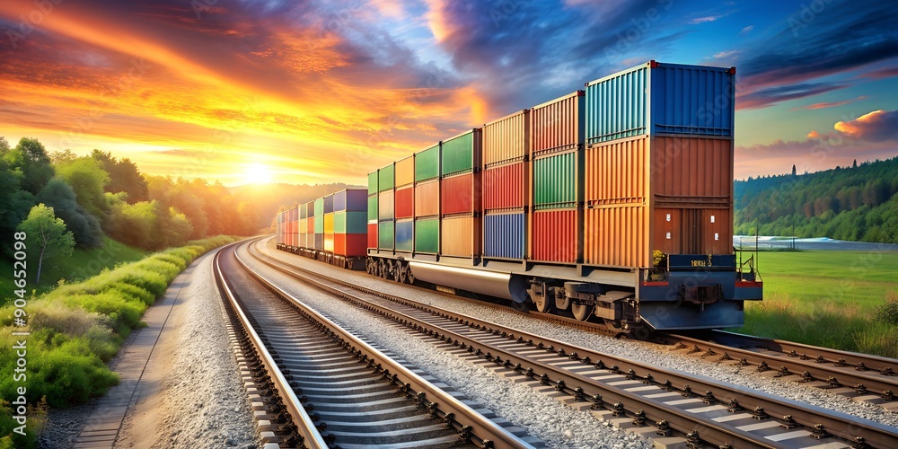 Fototapeta premium Freight Train Hauling Container Boxes Across Tracks