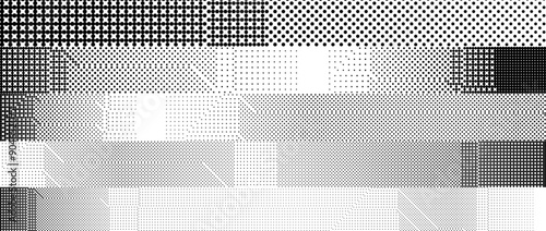 Glitchy pixelated striped pattern. Bitmap noise stripe texture. Halftone glitch grunge overlay. Dotted distorted gradient wallpaper for banner, poster, flyer, print, brochure. Vector dither background