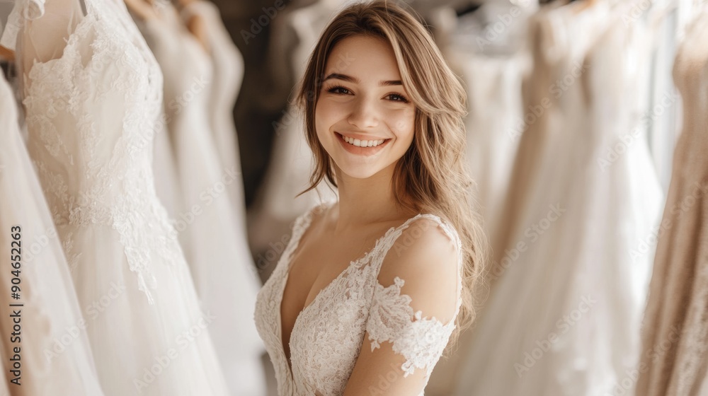 A woman is smiling in front of a rack of wedding dresses A woman is smiling in front of a rack of wedding dresses