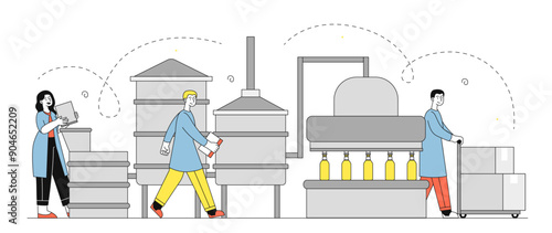 Brewery production concept. Men and woman at factory for production of beer and alcoholic beverages. People with industrial conveyor. Linear vector illustration