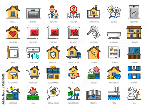 Real estate icons. Mortgage and house apartment rent, insurance and interior design color line symbols. Vector house buildings smart home and key, realtor, handshake, deal contract and apartment plan