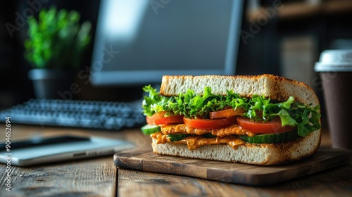 Delicious Fresh Sandwich on Wooden Board with Office Background photo