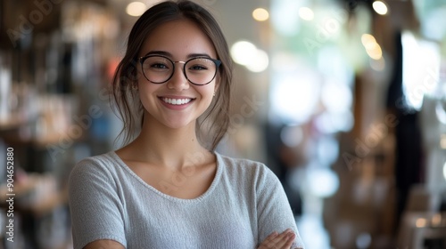 A woman wearing glasses is smiling and posing for a picture