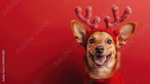 Festive Dog in Reindeer Antlers on Red Background photo