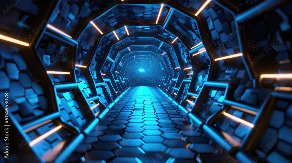 Obraz premium Futuristic Sci-Fi Tunnel with Hexagonal Patterns and Blue Neon Lights