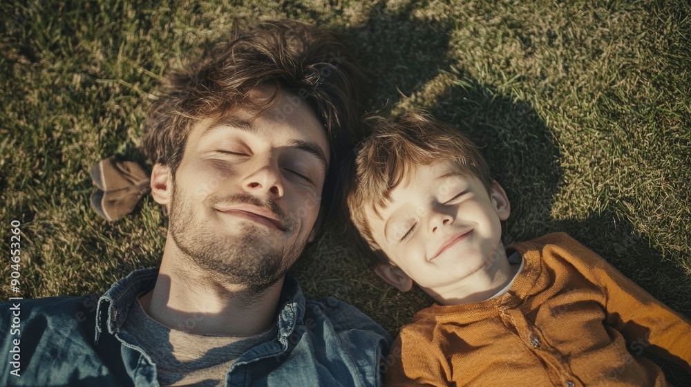 A man and a boy are laying on the grass, smiling and looking at the camera A man and a boy are laying on the grass, smiling and looking at the camera