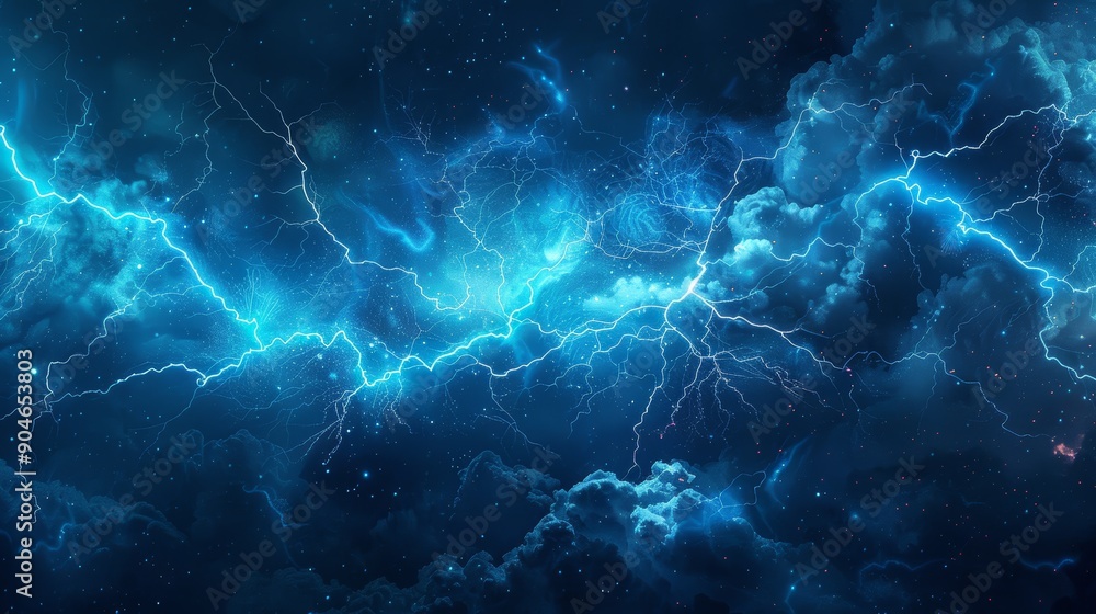 custom made wallpaper toronto digitalCosmic Lightning Storm Abstract Blue Background with Starry Sky and Electric Bolts, space, galaxy, abstract, lightning