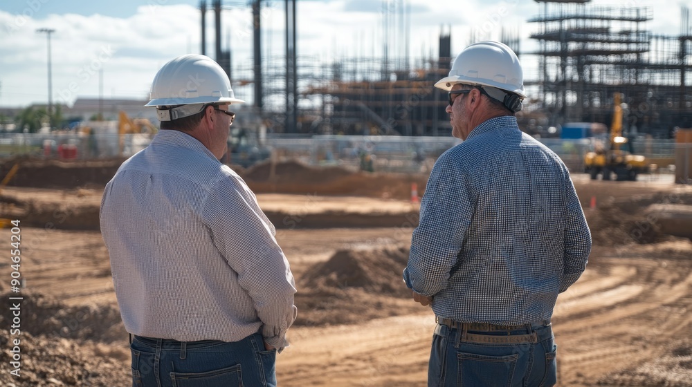 Two men wearing hard hats and safety glasses are standing in a construction site Two men wearing hard hats and safety glasses are standing in a construction site