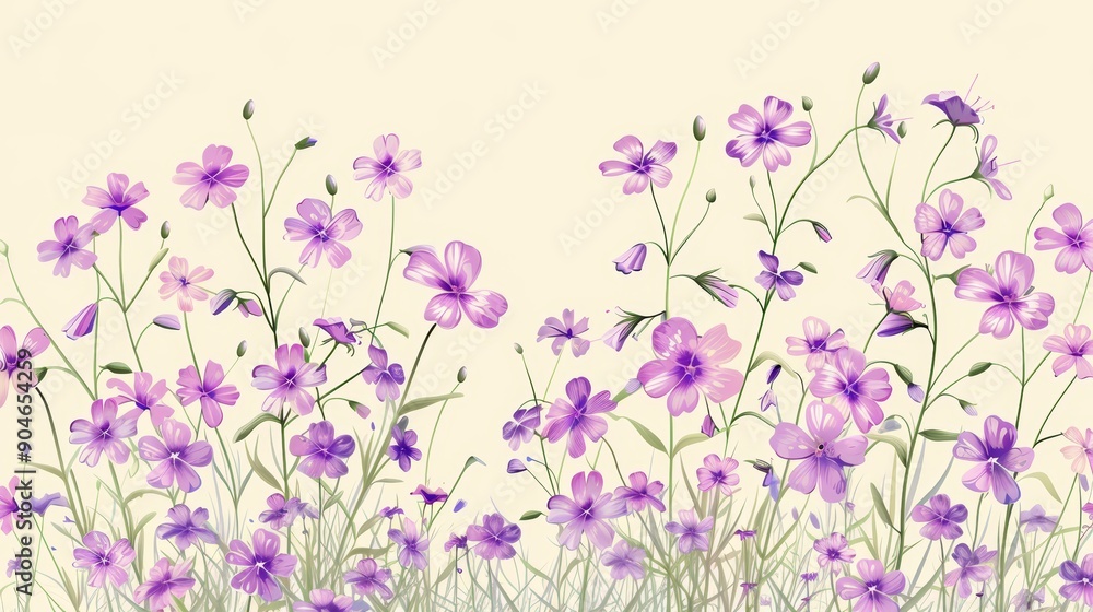 Delicate Purple Flowers on a Cream Background, Watercolor, Floral Pattern, Botanical Art, Spring ,flower,purple Delicate Purple Flowers on a Cream Background, Watercolor, Floral Pattern, Botanical Art, Spring ,flower,purple