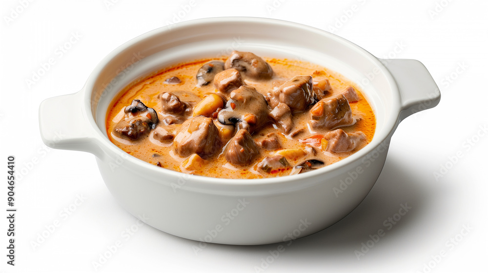 A creamy beef stroganoff in a white bowl, featuring tender beef chunks and a rich, savory sauce, on a white background. A creamy beef stroganoff in a white bowl, featuring tender beef chunks and a rich, savory sauce, on a white background.