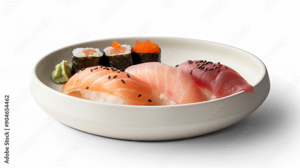 A sushi platter with nigiri and maki rolls, garnished with wasabi and sesame seeds, presented on a white plate, on a white background. A sushi platter with nigiri and maki rolls, garnished with wasabi and sesame seeds, presented on a white plate, on a white background.