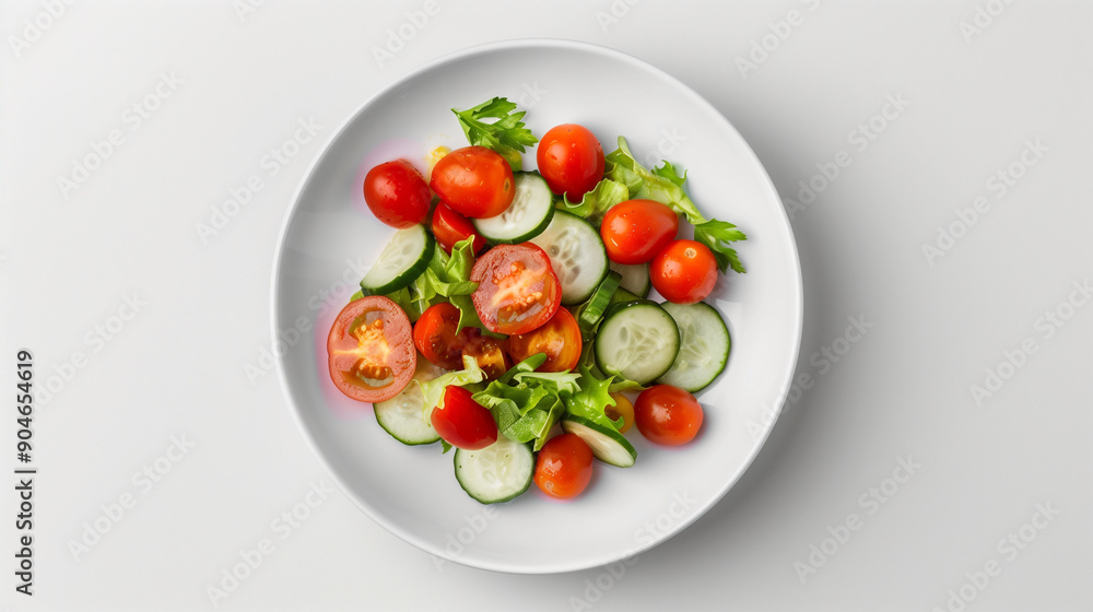 A fresh and colorful salad featuring cherry tomatoes, cucumbers, and leafy greens on a white plate. Perfect for a healthy meal. A fresh and colorful salad featuring cherry tomatoes, cucumbers, and leafy greens on a white plate. Perfect for a healthy meal.